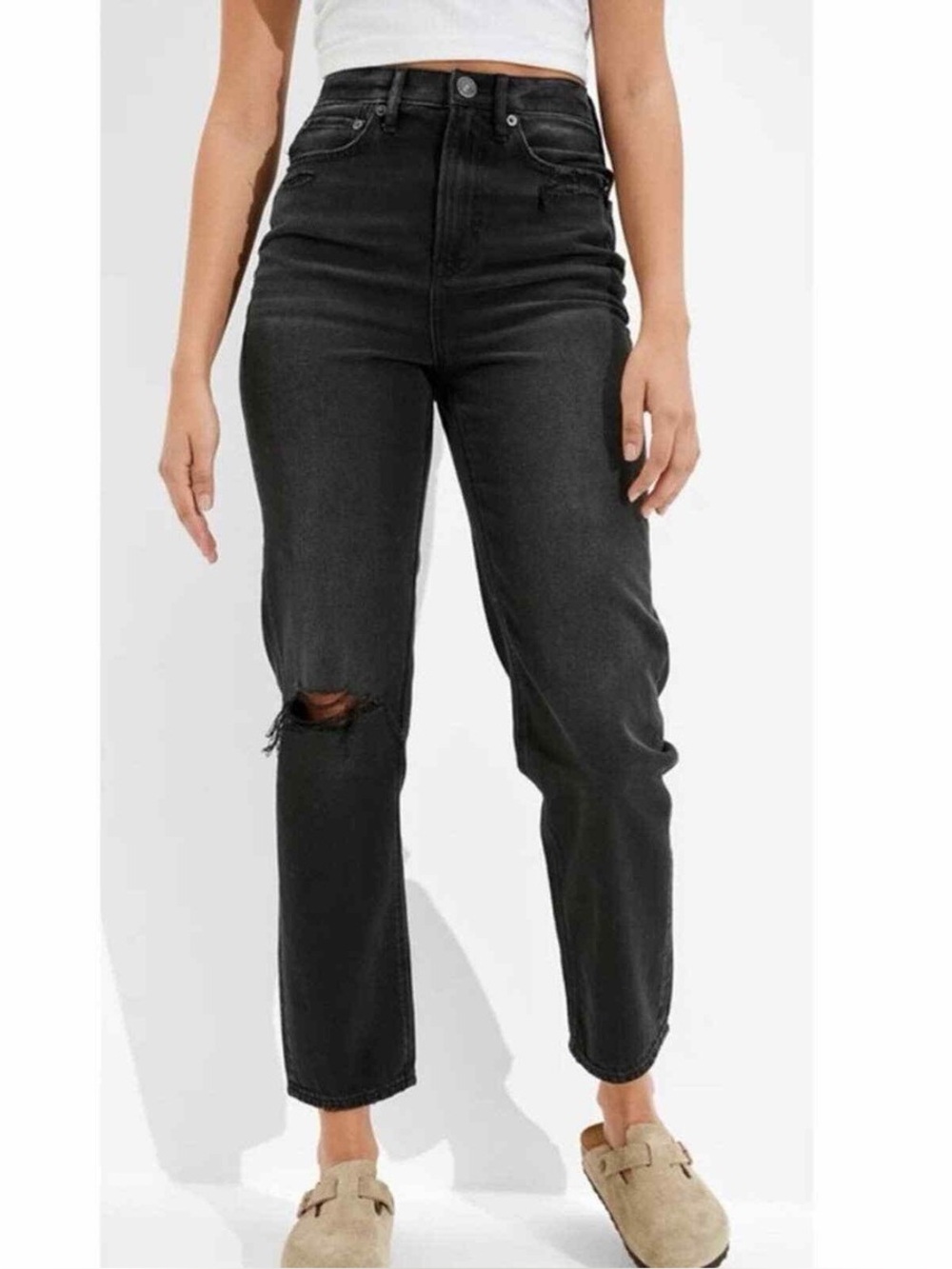 American Eagle Distressed Black Highest Waist 90s Boyfriend Jeans - 16s - Picture 1 of 5